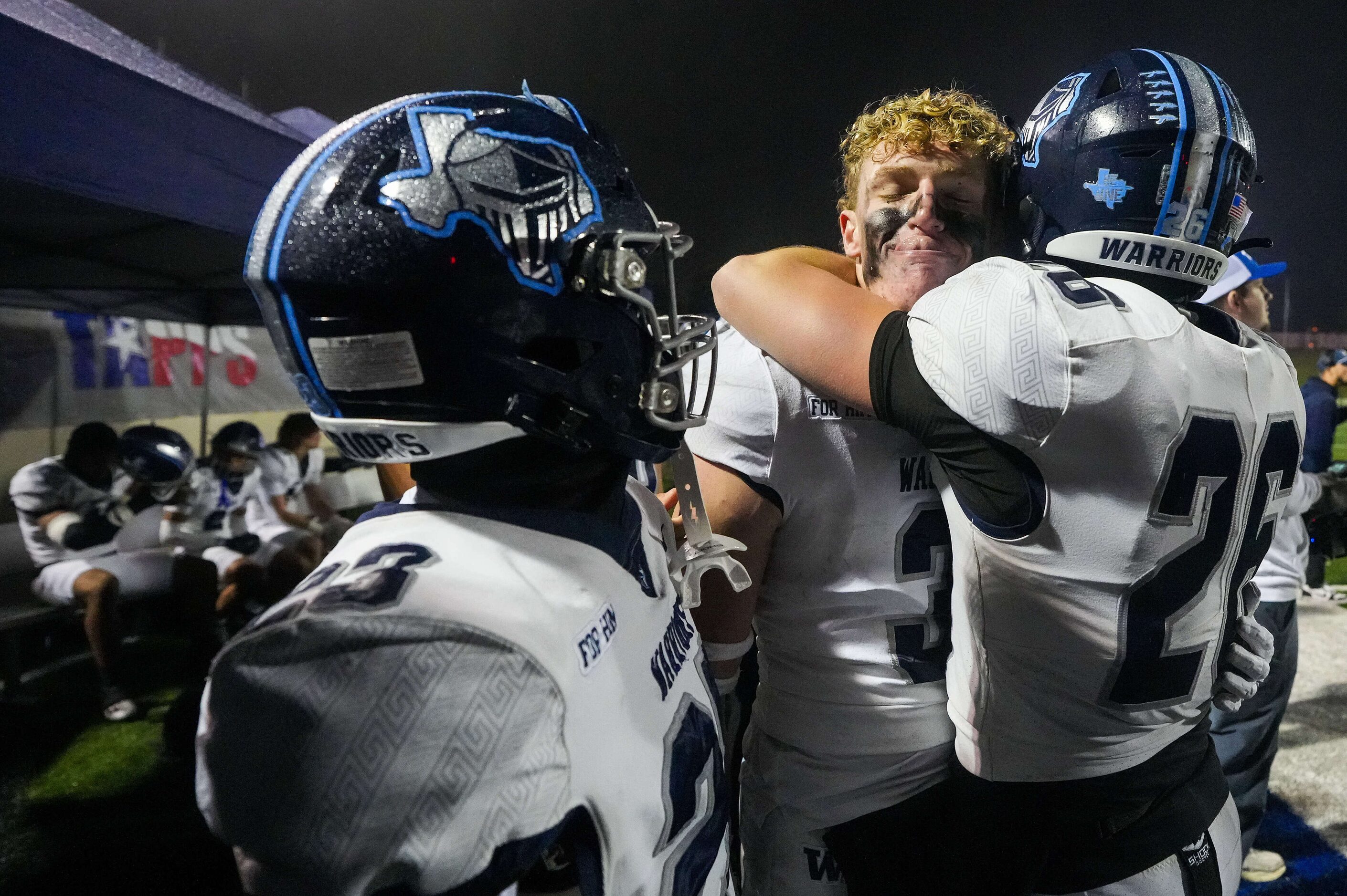 Argyle Liberty Christian linebacker CJ Witten (3) celebrates on the sidelines with Chris...