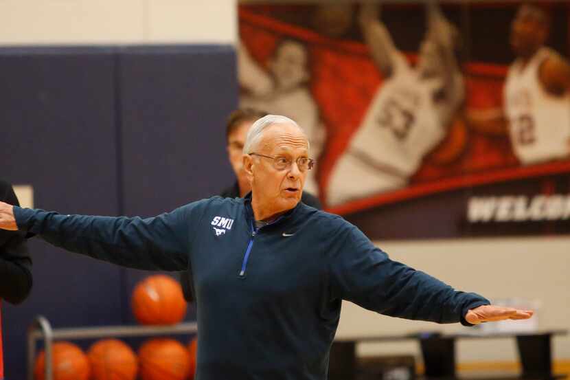 SMU men's basketball coach Larry Brown works with his players at afternoon practice at SMU...