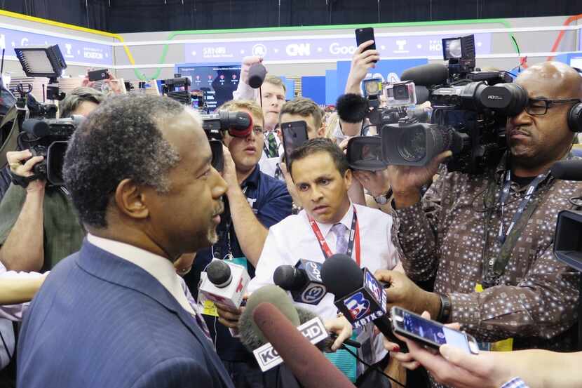  Ben Carson speaks with reporters at the University of Houston ahead of the 10th Republican...