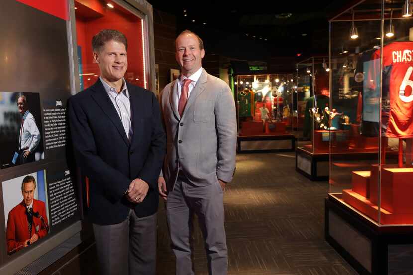 FC Dallas owners Clark Hunt, left, and Dan Hunt pose for a photograph at the Toyota Stadium...