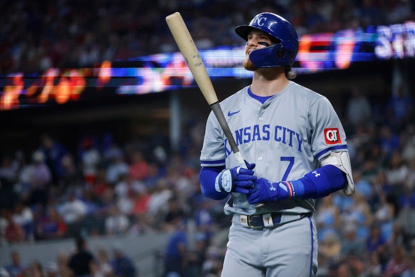 Kansas City Royals shortstop Bobby Witt Jr. (7) reacts after striking out to Texas Rangers...