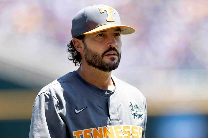 FILE - Tennessee head coach Tony Vitello coaches against Stanford in a baseball game at the...