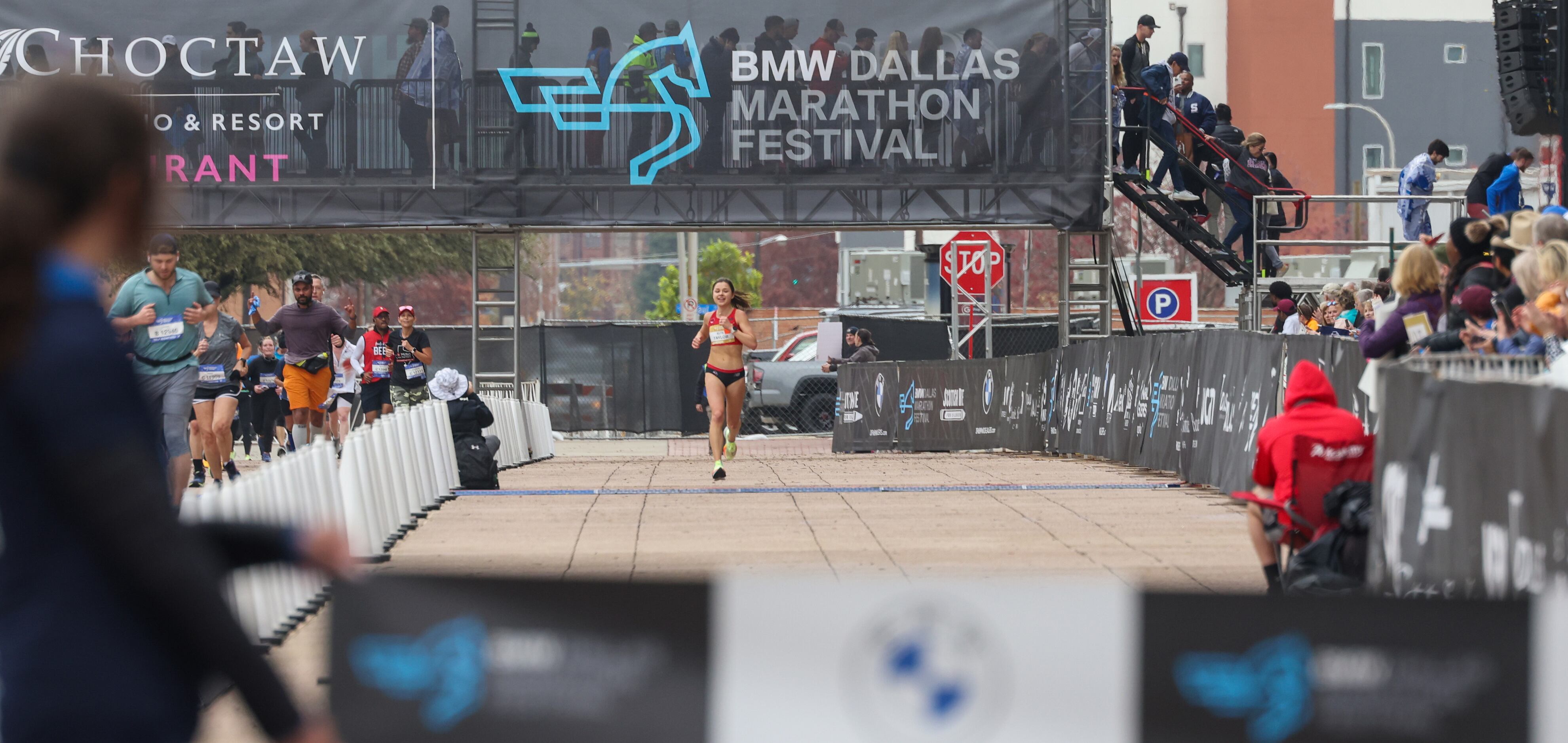 Megan Taylor nears the BMW Dallas Marathon finish line on Sunday, Dec. 11, 2022.