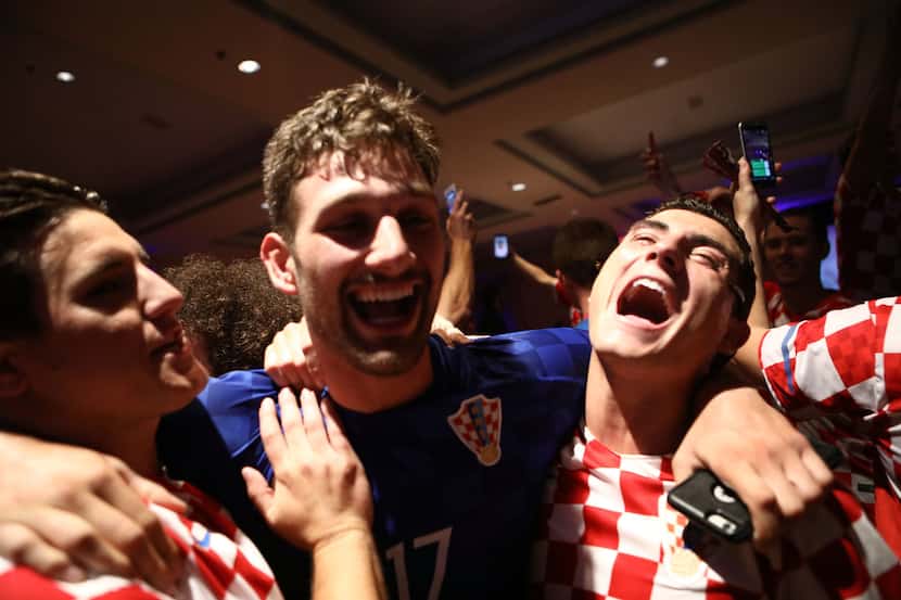 LOS ANGELES, CA - JULY 11:  Croatia fans celebrate at a watch party in Saint Anthony...
