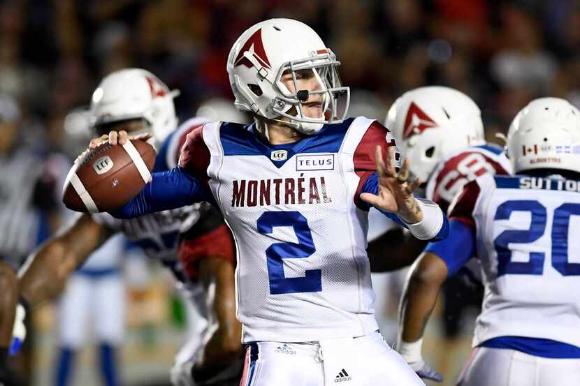 Montreal Alouettes quarterback Johnny Manziel (2) passes during first-half CFL football game...