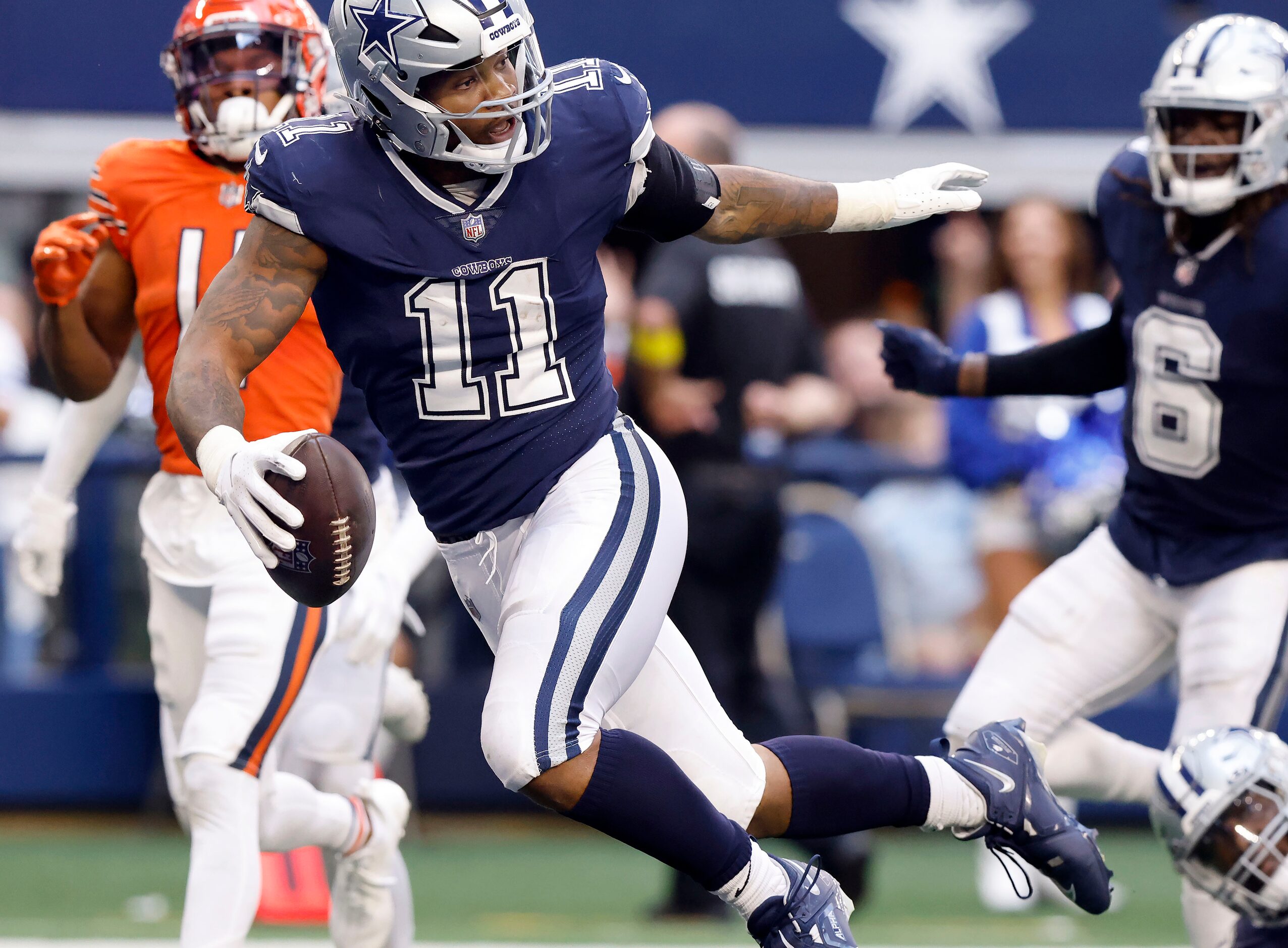 Dallas Cowboys linebacker Micah Parsons (11) dives into the end zone for a touchdown after...