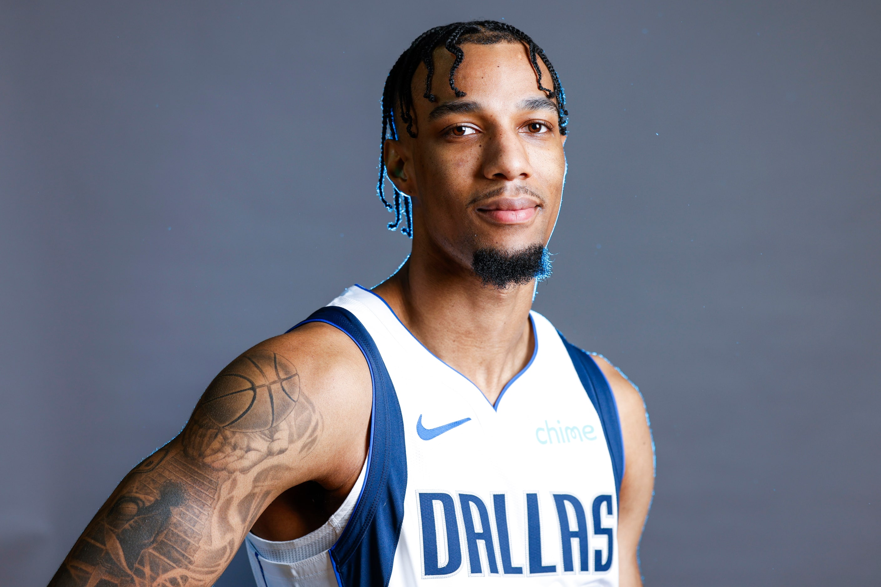 Dallas Mavericks’ A.J. Lawson poses for a photo during the media day on Friday, Sept. 29,...