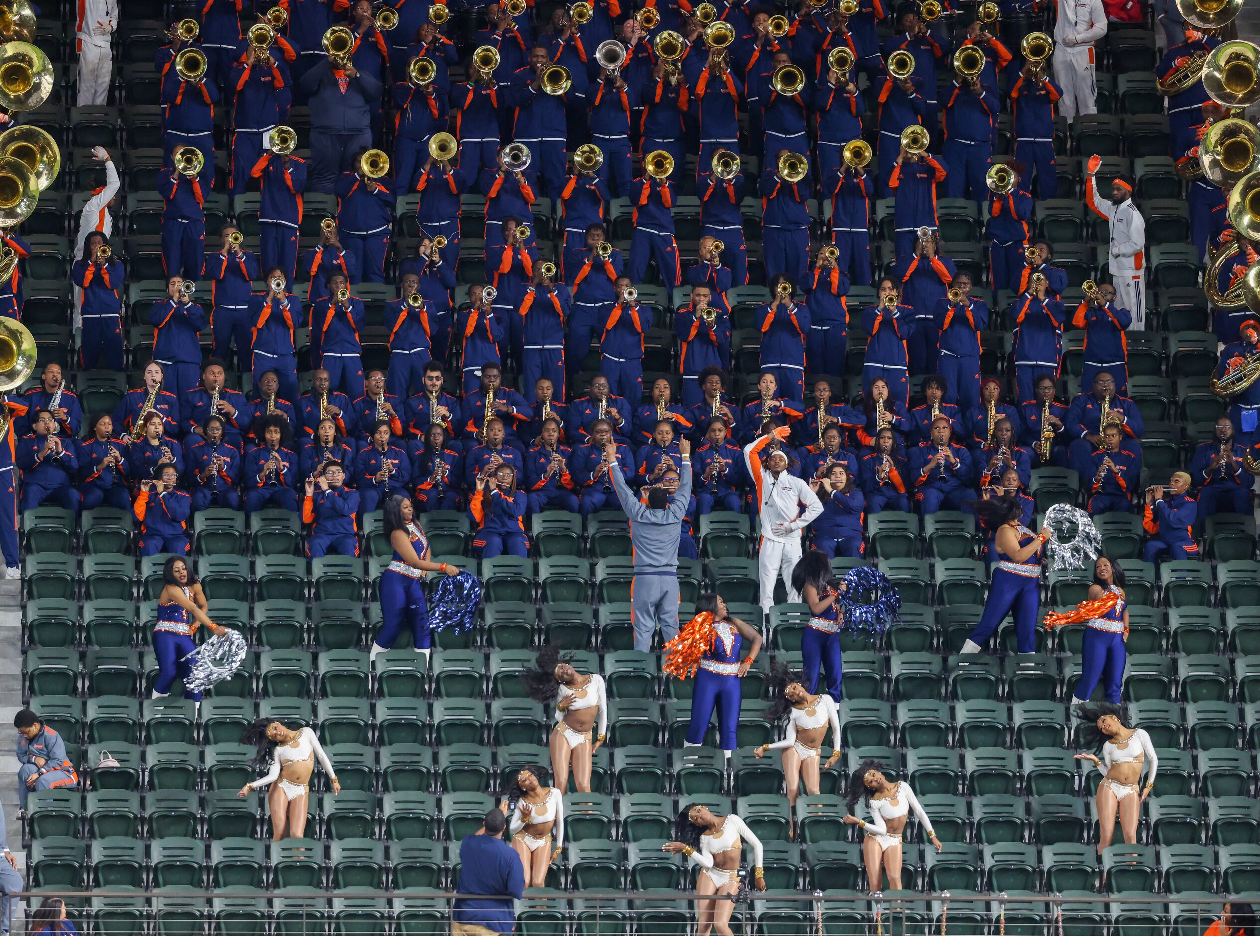 The Langston University Band plays between performances from the stands of Globe Life Field...