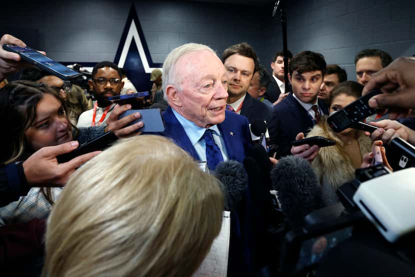 Dallas Cowboys owner Jerry Jones speaks with reporters after an NFL wild card playoff game...