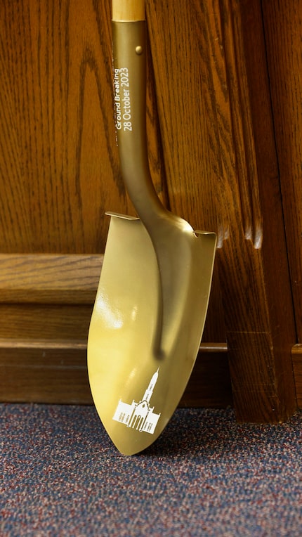 A shovel for the groundbreaking ceremony is seen during the Fort Worth Texas Temple...