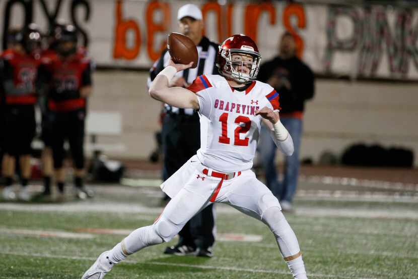 Grapevine quarterback Alan Bowman (12) throws against Colleyville Heritage during their high...