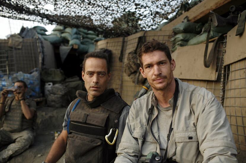 Sebastian Junger (left) and Tim Hetherington, directors of Restrepo, at the Restrepo outpost...