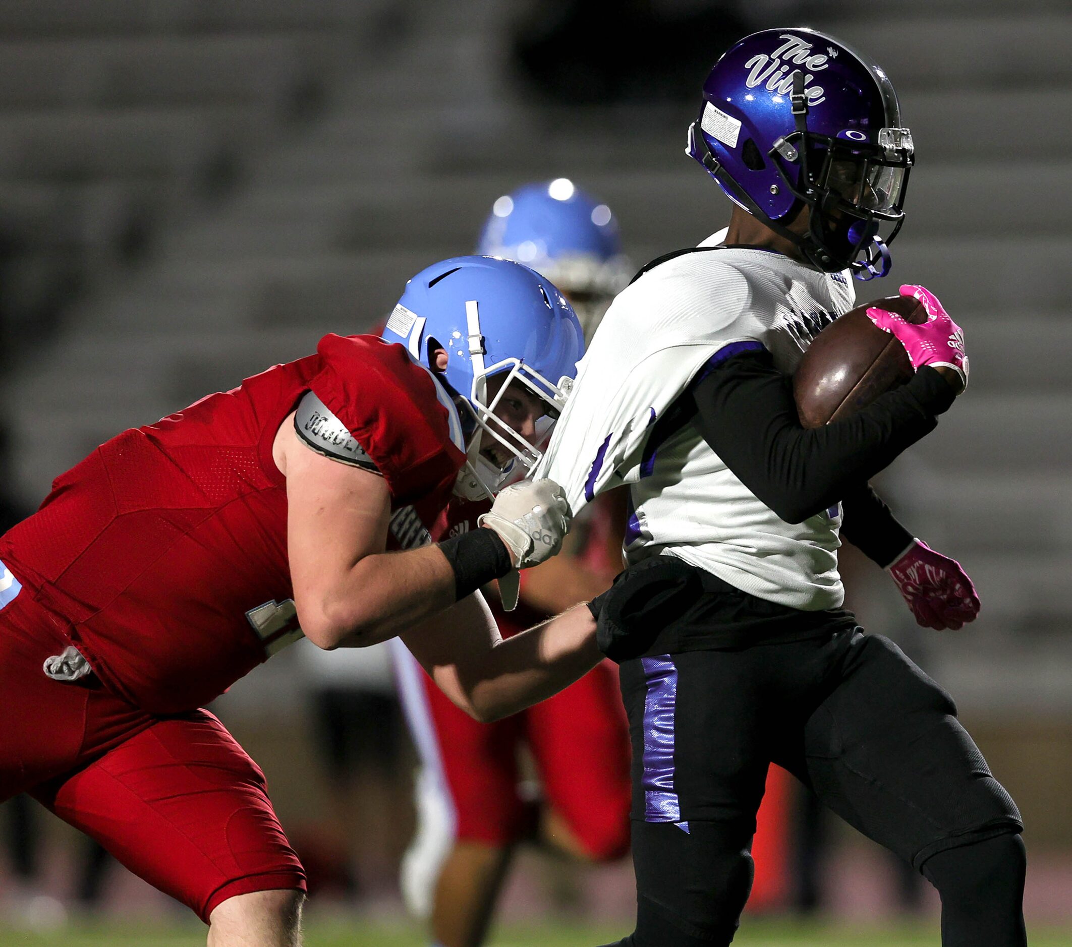 Seagoville wide receiver Kareem McAdams (right) comes up with a reception as he is pulled...