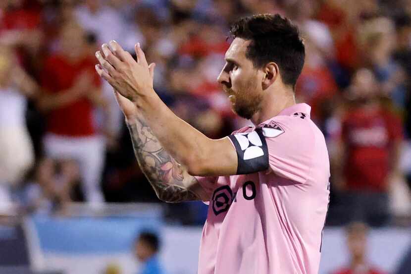 Inter Miami forward Lionel Messi (10) applauds toward his goalie after making a shot during...