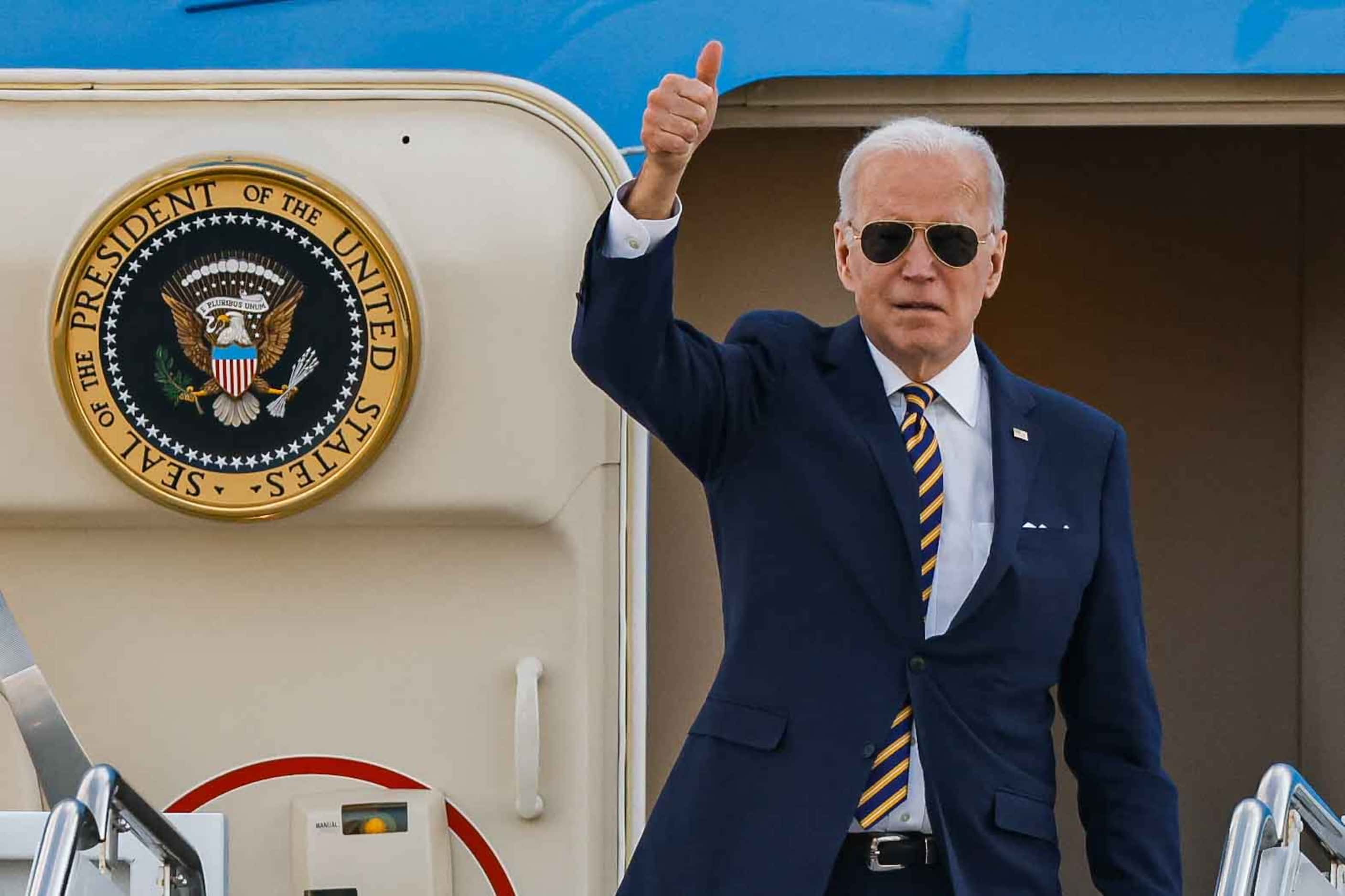 President Joe Biden boards the Air Force One at Naval Air Station Joint Reserve Base Fort...