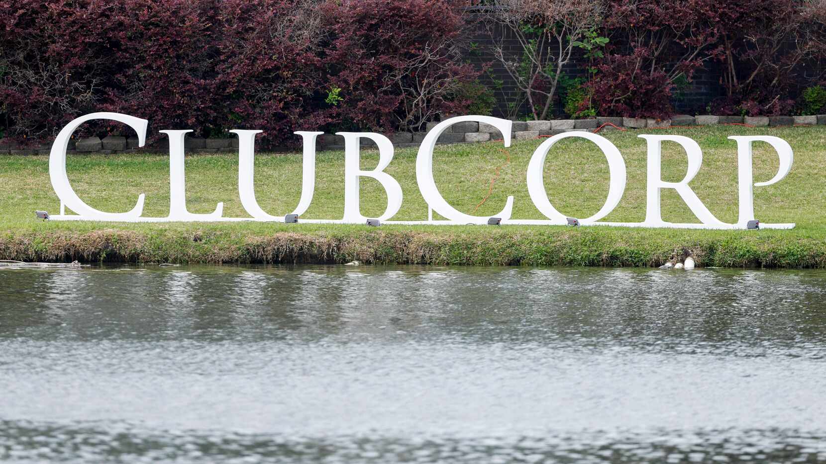 ClubCorp signage lines the water during the ClubCorp Classic Pro-Am at Las Colinas Country...