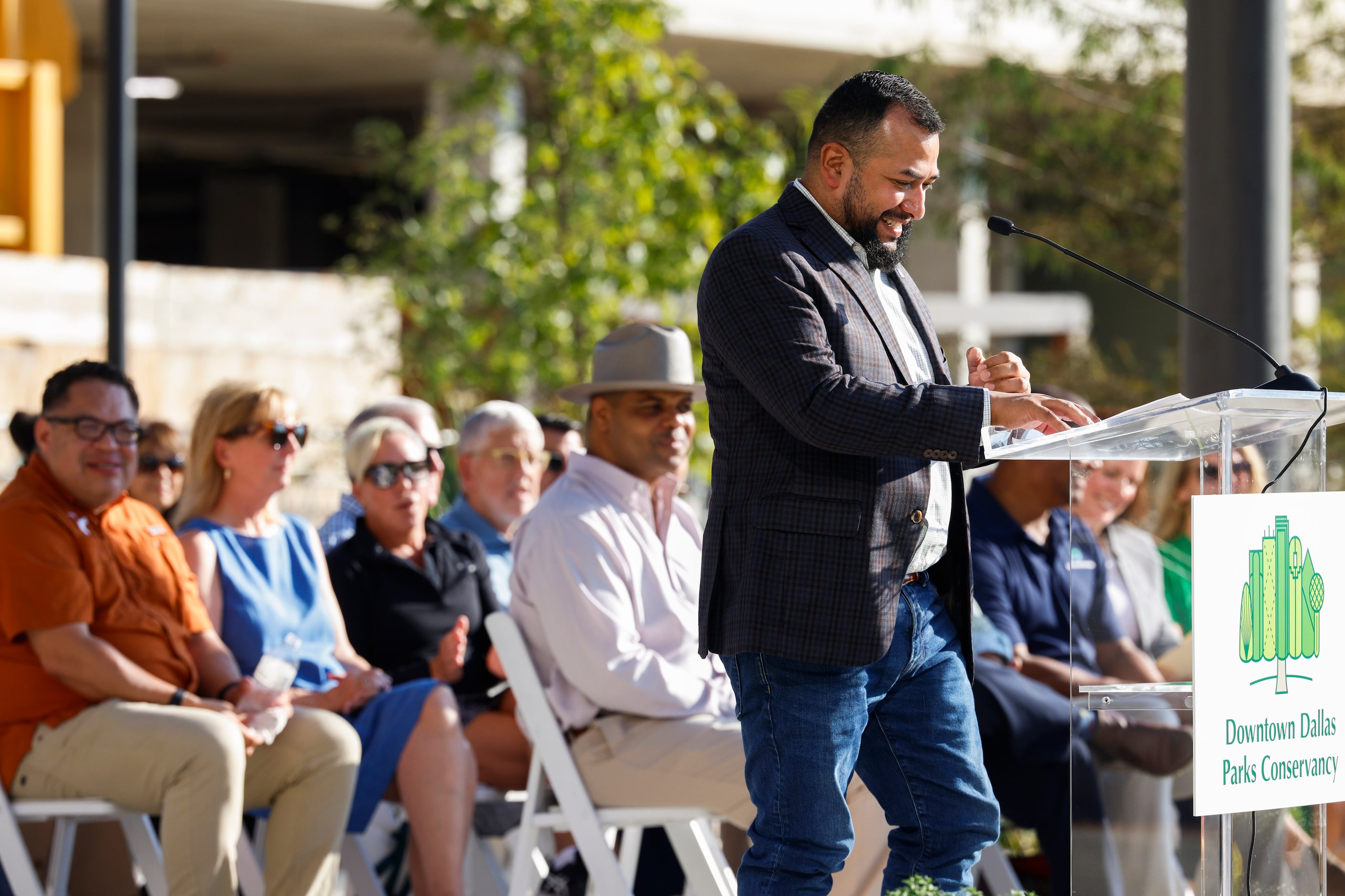 Dallas Council Member Jesse Moreno takes the podium during the opening ceremony of Harwood...