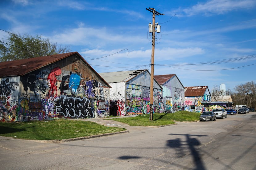 Graffiti is seen at Fabrication Yard near Sylvan Avenue in West Dallas.