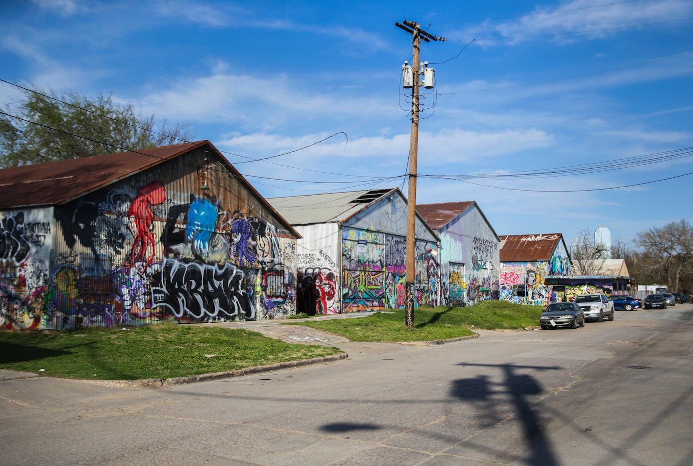 Graffiti is seen at Fabrication Yard near Sylvan Avenue in West Dallas.