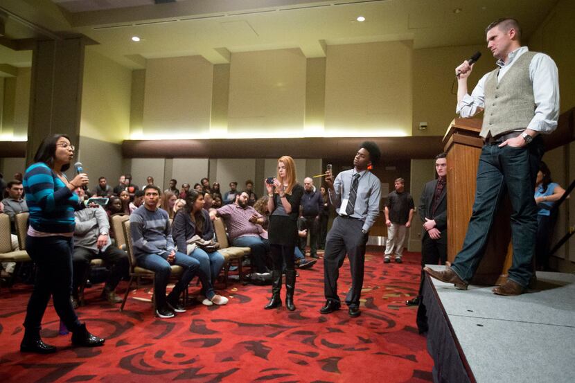 Richard Spencer takes questions from the audience after speaking at the Memorial Student...