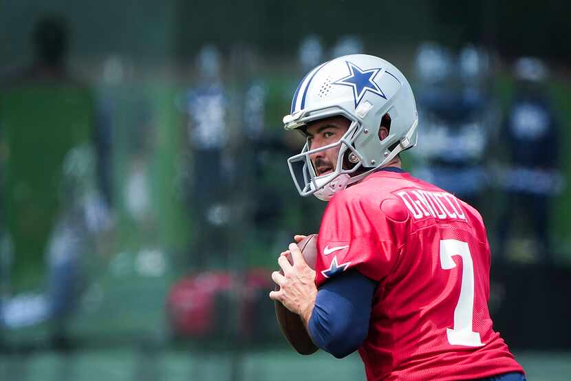 Dallas Cowboys quarterback Ben DiNucci runs a drill during a minicamp practice at The Star...