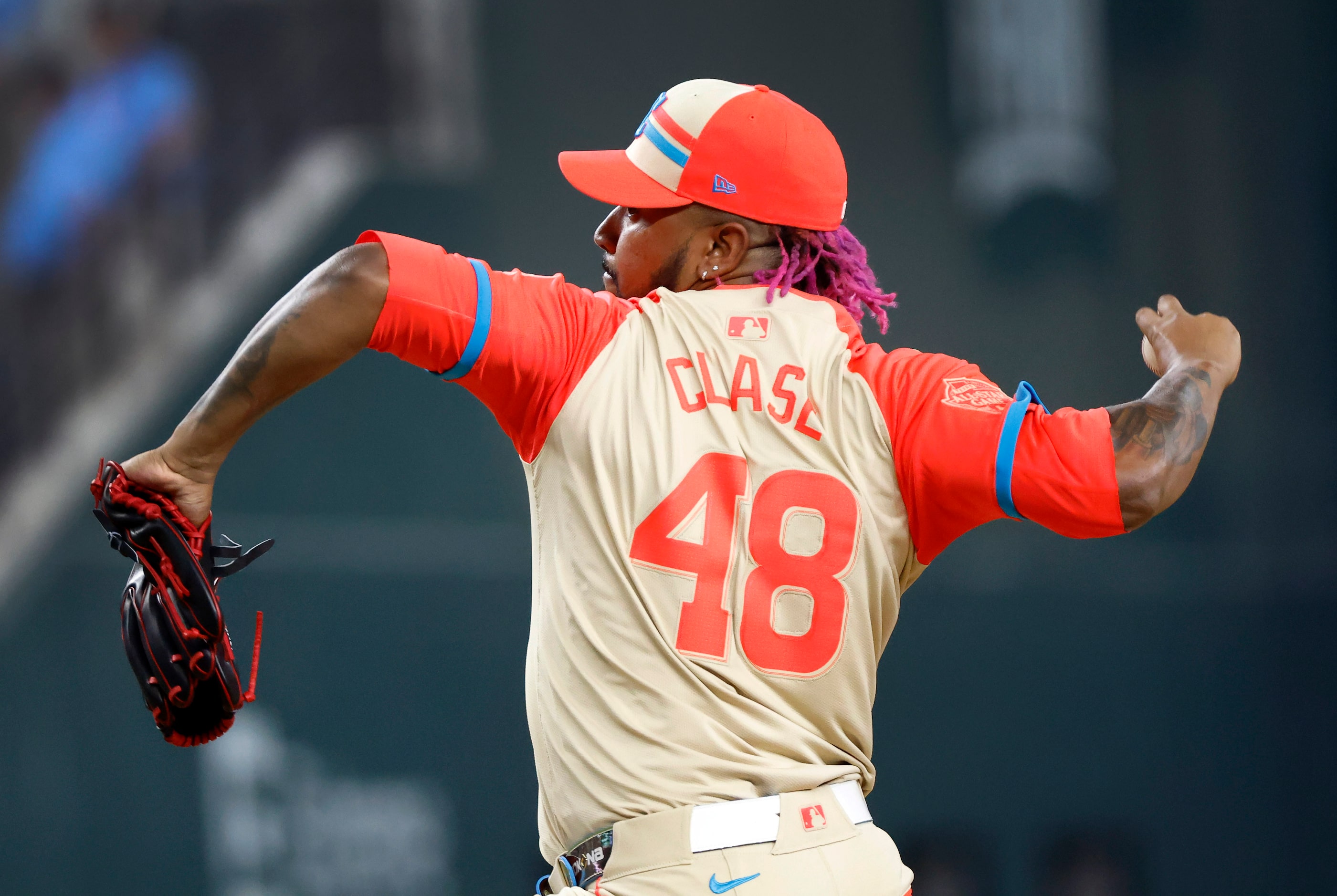 American League closer Emmanuel Clase, of the Cleveland Guardians, hurls a pitch in the...