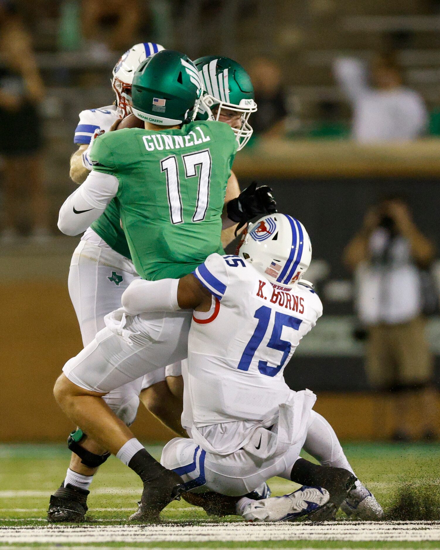 SMU linebacker Keke Burns (15) sacks UNT quarterback Grant Gunnell (17) during the fourth...