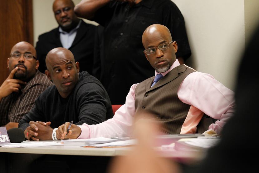 Deion Sanders (left) and D.L. Wallace of Prime Prep attended a District 11-3A emergency...