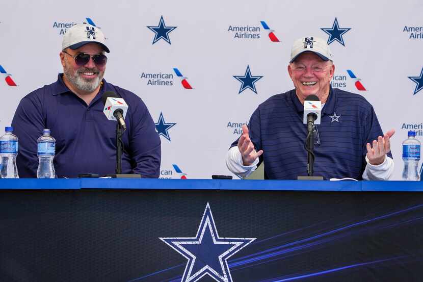 Dallas Cowboys owner and general manager Jerry Jones (right) addresses the opening news...