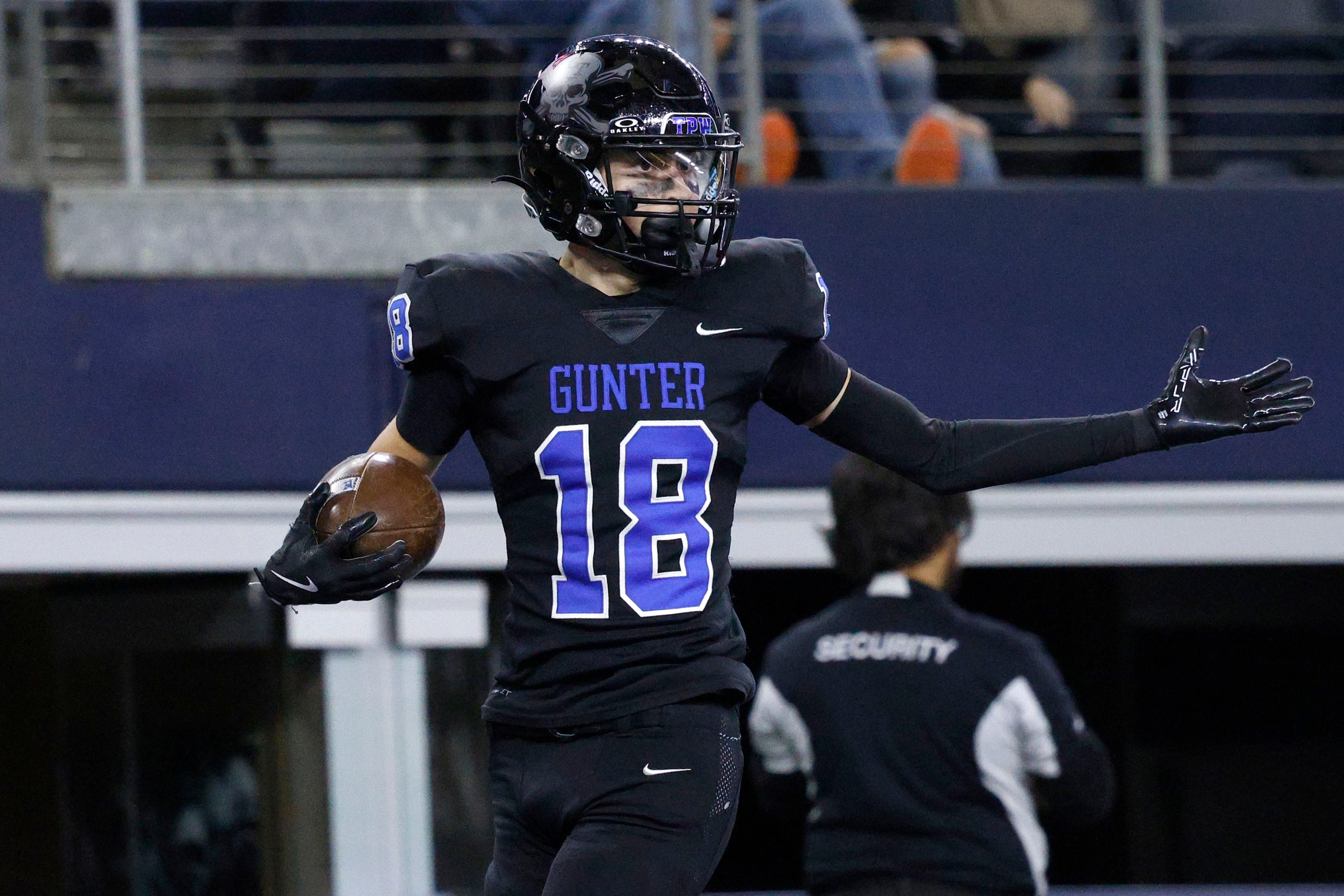 Gunter's  Cash Rumage (18) reacts after scoring a touchdown against Woodville in the second...