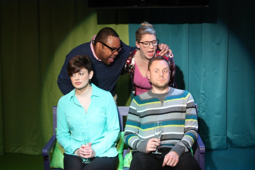 (from l-r, bottom) Janelle Lutz and Trey Roberts play a couple being berated for not getting...