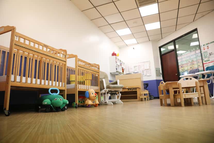 A classroom for newborns sits empty at Kaleidoscope Child Development Center in Dallas. A...
