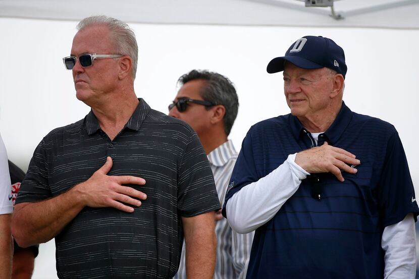 Dallas Cowboys owner Jerry Jones, right, and Executive Vice President, Stephen Jones stand...
