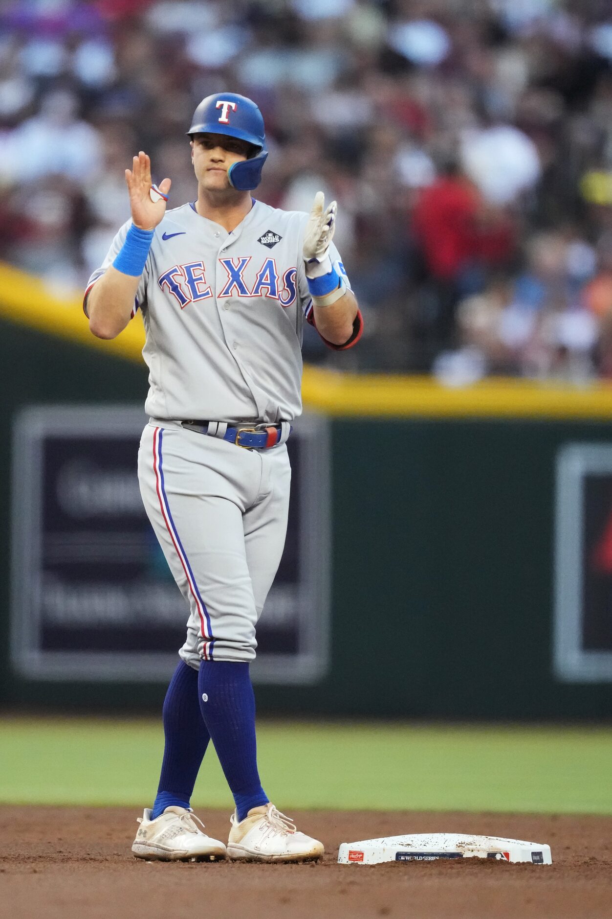 Texas Rangers’s Josh Jung celebrates hitting a double during the second inning in Game 4 of...