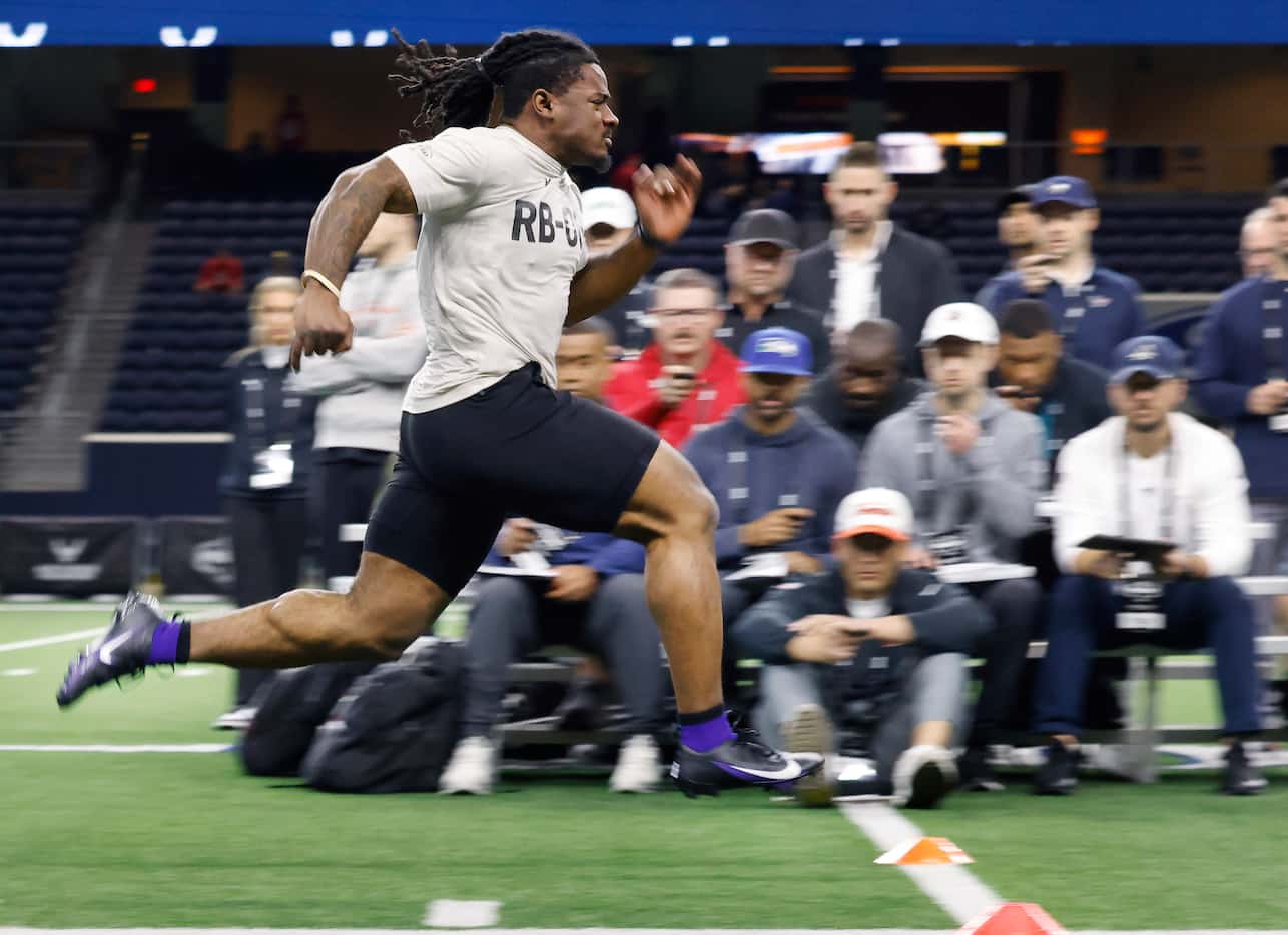 TCU running back Emani Bailey races past NFL scouts who were timing his 40-yard-dash during...