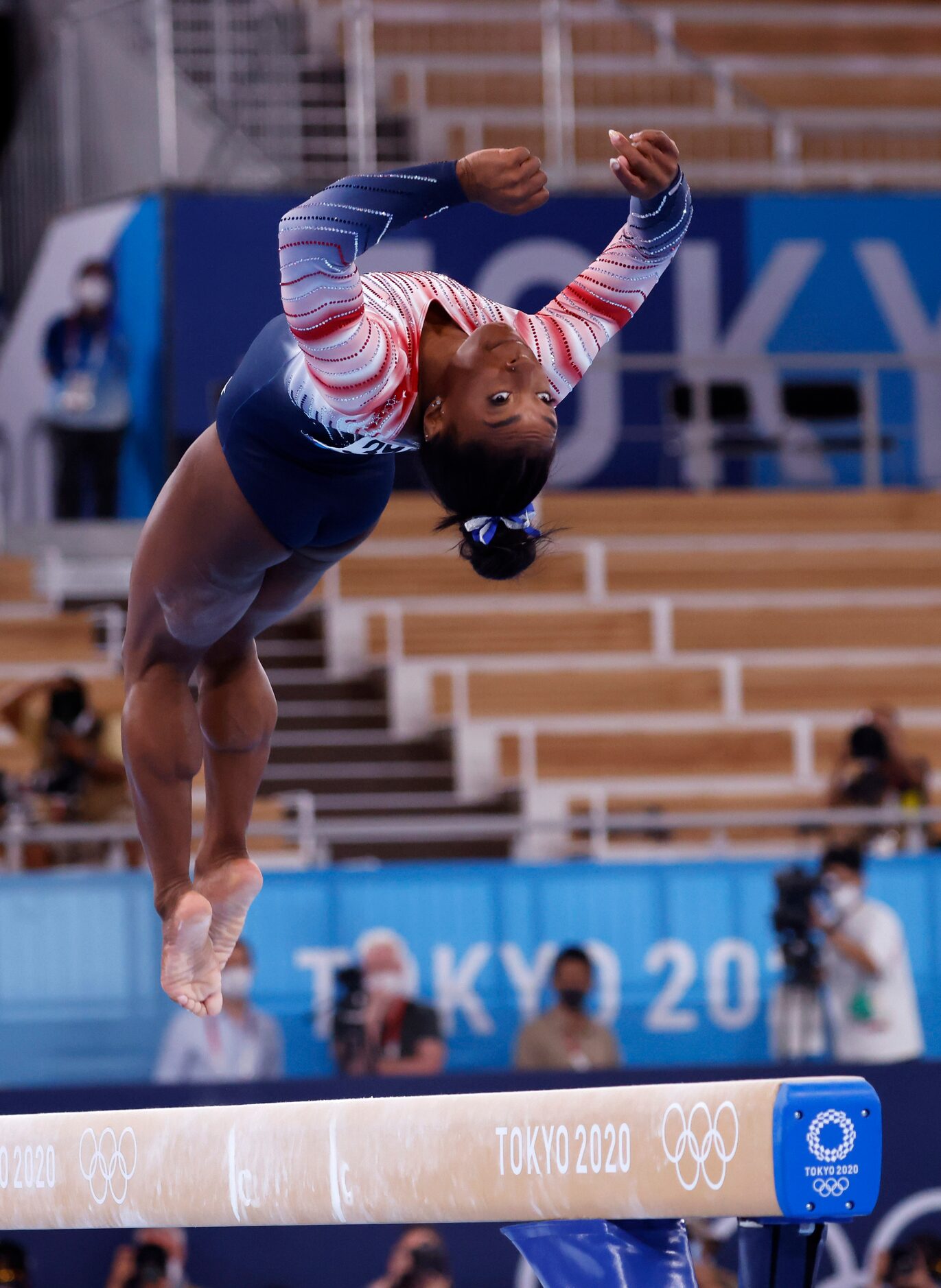 USA’s Simone Biles competes in the women’s balance beam final at the postponed 2020 Tokyo...