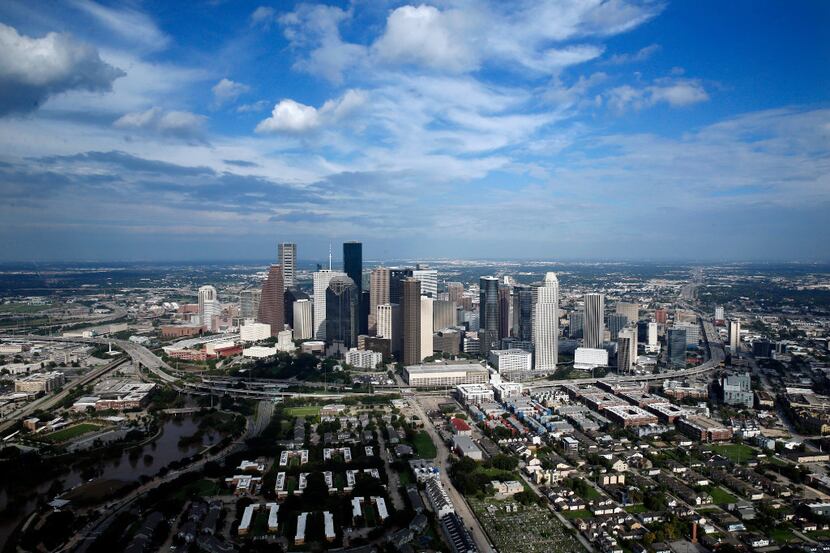 The west side of the downtown Houston skyline is pictured fro the air following Hurricane...