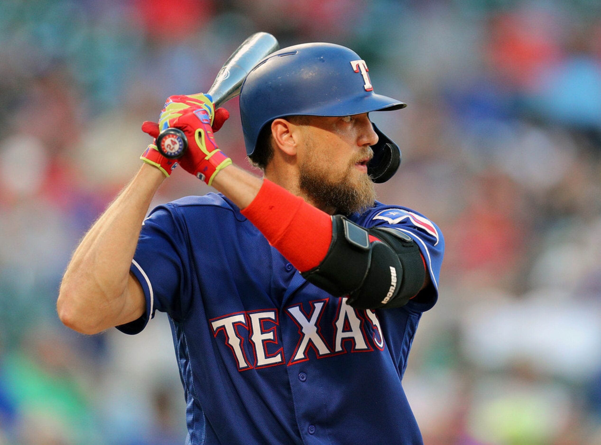 Texas Rangers designated hitter Hunter Pence (24) bats in the third inning of a baseball...