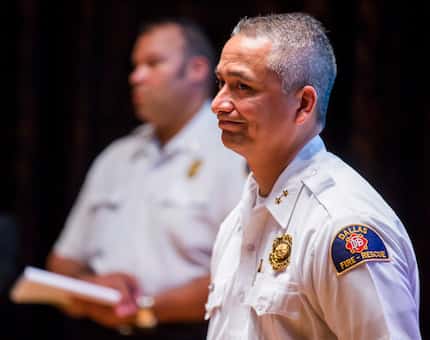 Deputy Fire Chief and Fire Marshal Christopher Martinez (right) and Lt. Dwight Freeman with...