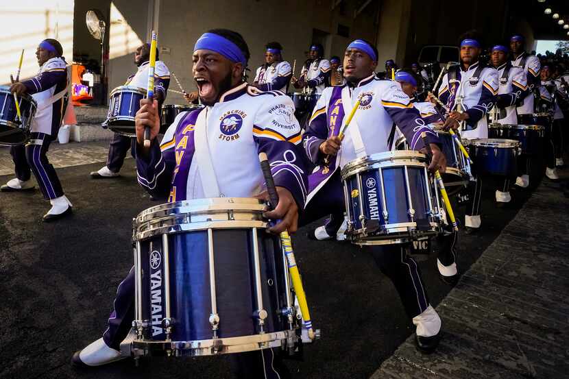 Members of the Prairie View Marching Storm band enter the stadium before the 2022 State Fair...