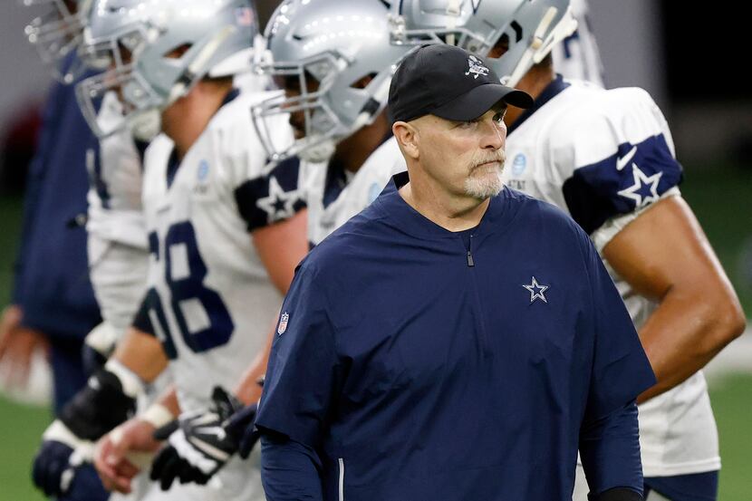 Dallas Cowboys defensive coordinator Dan Quinn is pictured during Training Camp practice at...