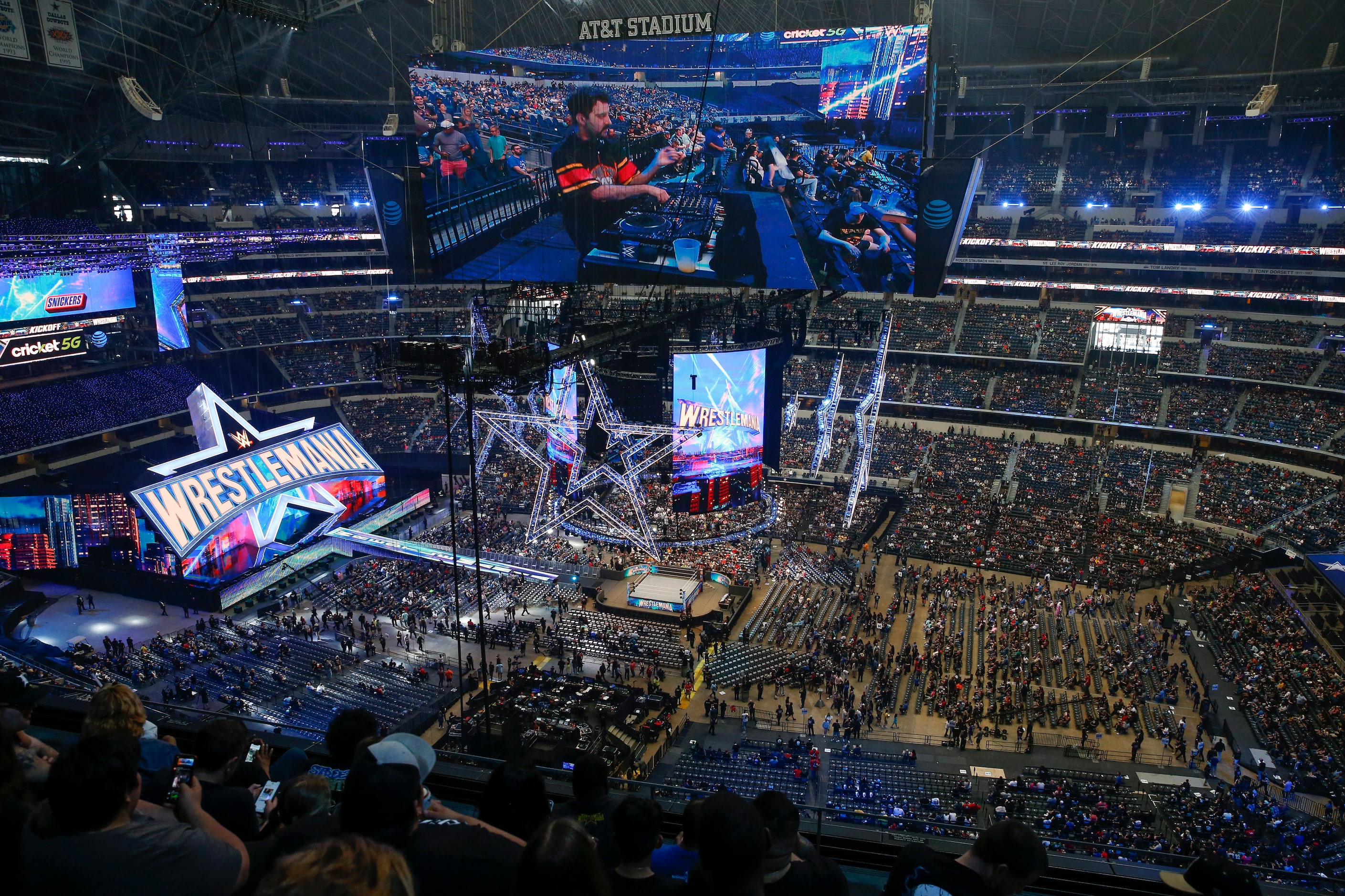 Fans begin to take their seats before WrestleMania 38 at AT&T Stadium in Arlington, Texas,...