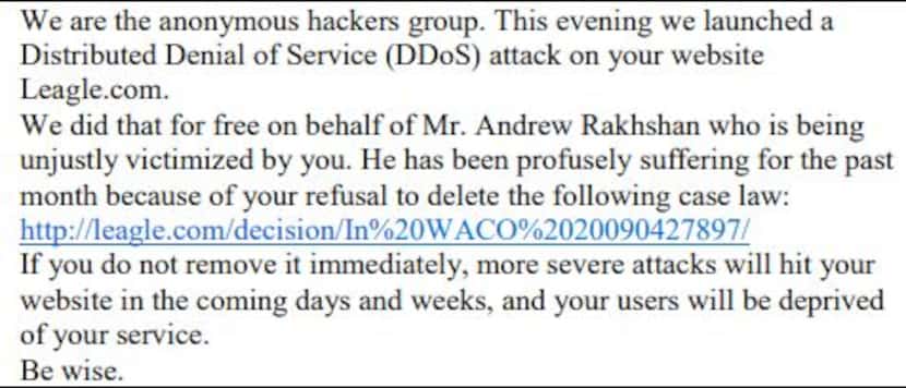 Federal prosecutors in Dallas say Andrew Rakhshan sent this email to Leagle.com. 