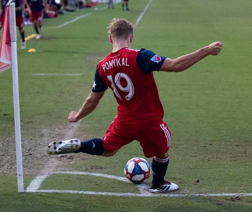 DALLAS, TX - JUNE 19: Paxton Pomykal takes a corner during the Lamar Hunt U.S. Open Cup...