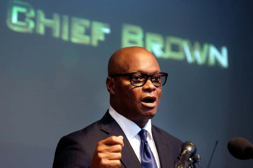 Dallas Police Chief David Brown discusses his retirement during a news conference, Thursday,...