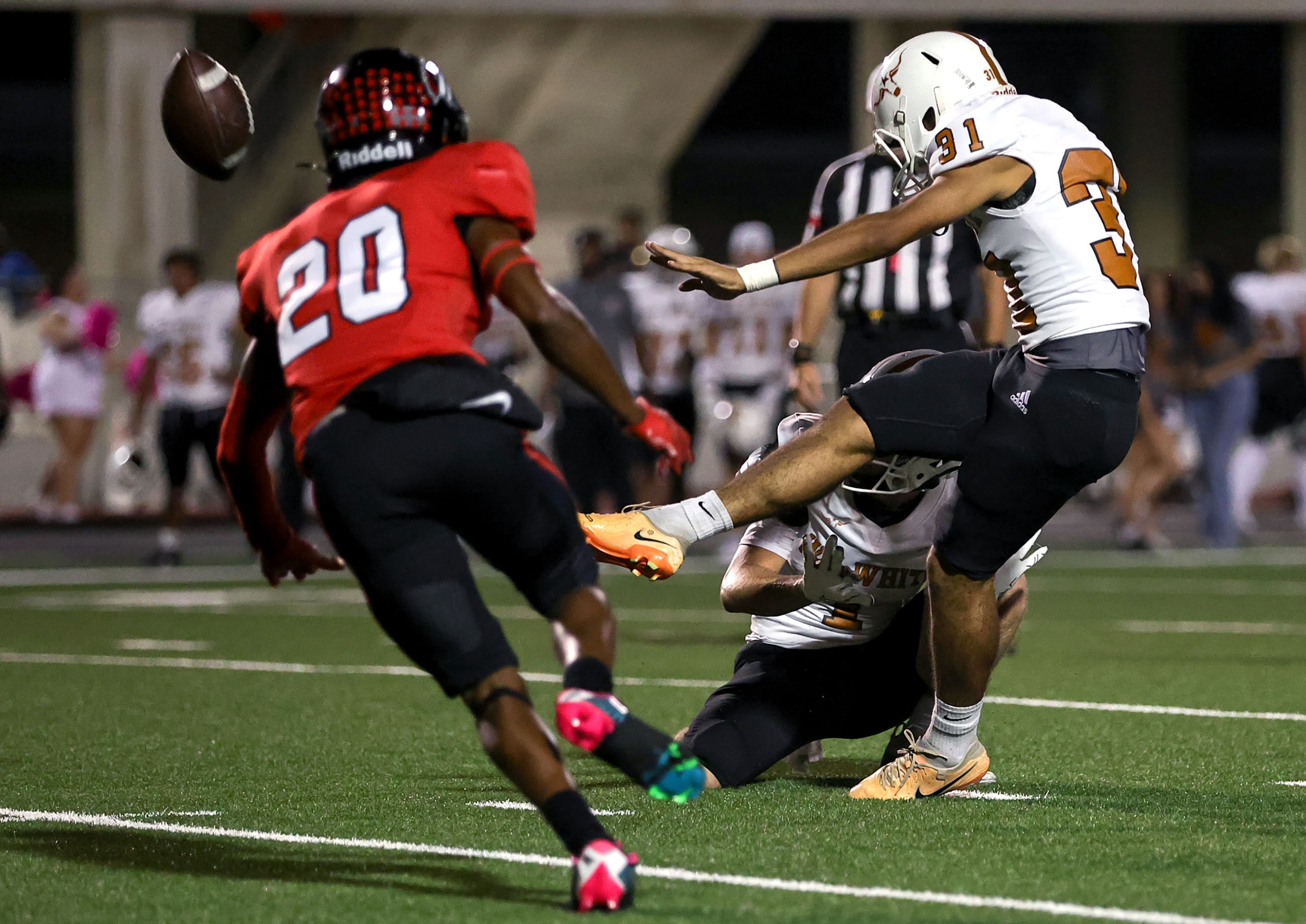 W.T. Whte kicker Alejandro Barahona (31) attempts a field goal against Creekview during the...