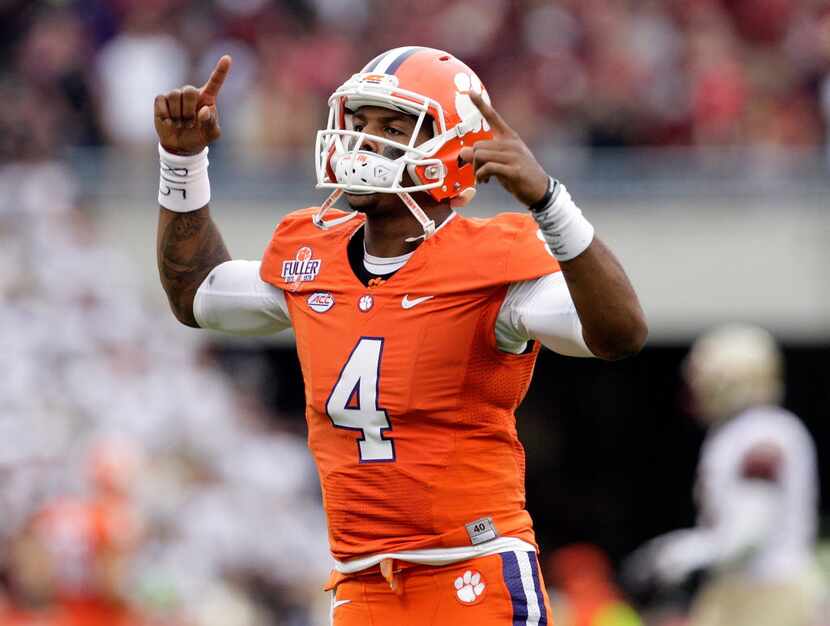 CLEMSON, SC - NOVEMBER 7: Deshaun Watson #4 of the Clemson Tigers pumps up fans prior to the...