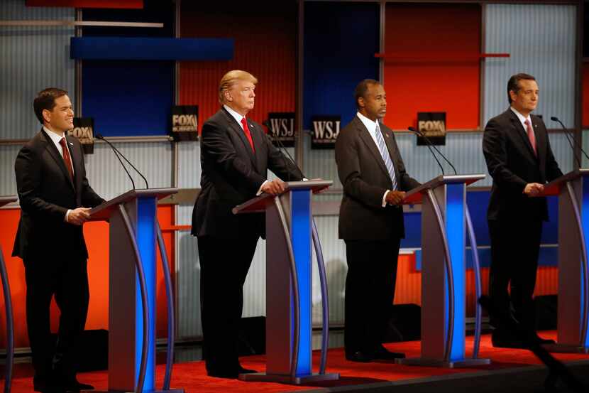 Republican presidential candidates, from left, Sen. Marco Rubio, R-Fla., Donald Trump, Ben...