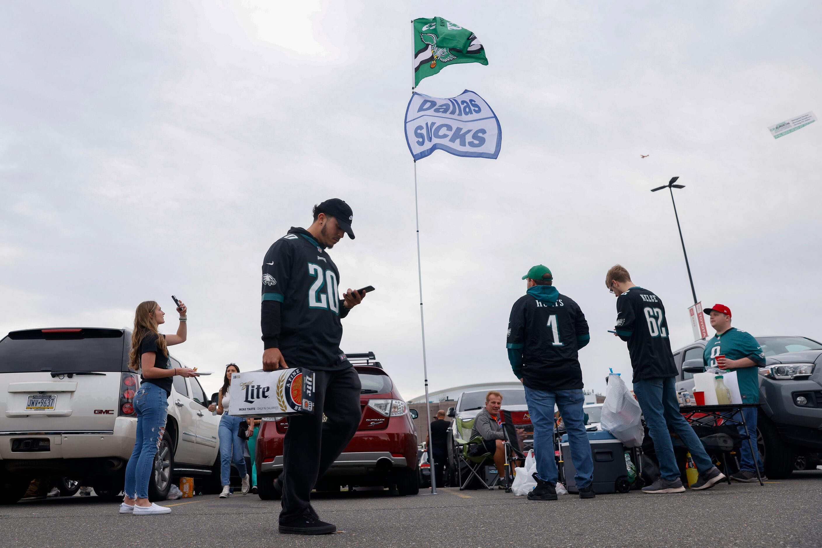 Philadelphia Eagles fans fly a Dallas Sucks flag before a Dallas Cowboys and Eagles game on...