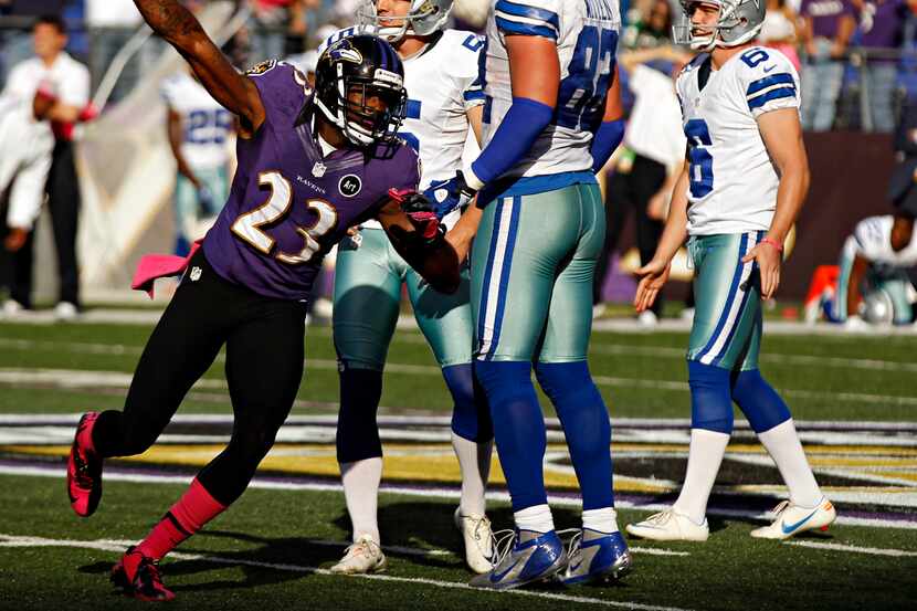 Baltimore Ravens cornerback Chykie Brown (23) reacts after Dallas Cowboys place kicker Dan...